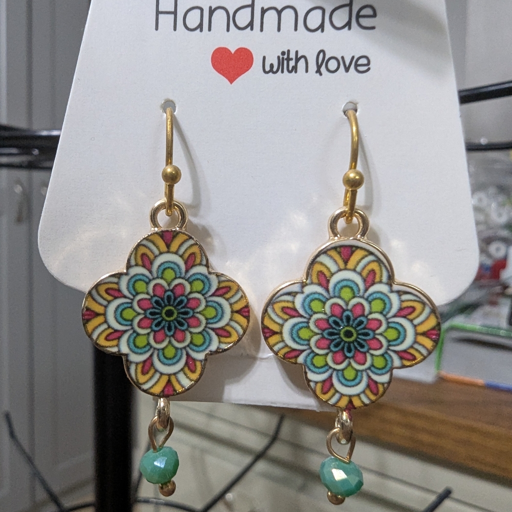 Gold Mandala Floral Earrings with Turquoise Bead